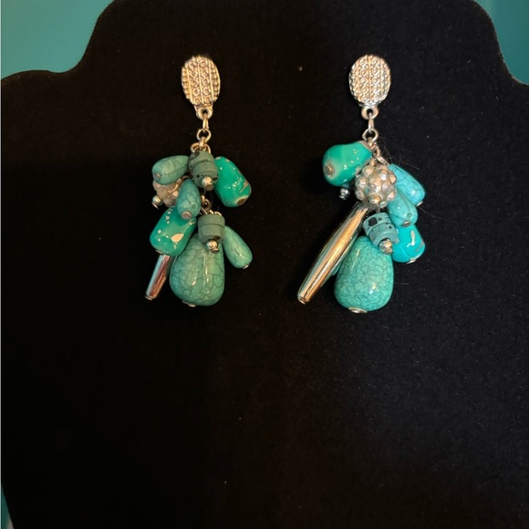 Blue and Silver Cluster Earrings with Turquoise Accents - Picture 2 of 3